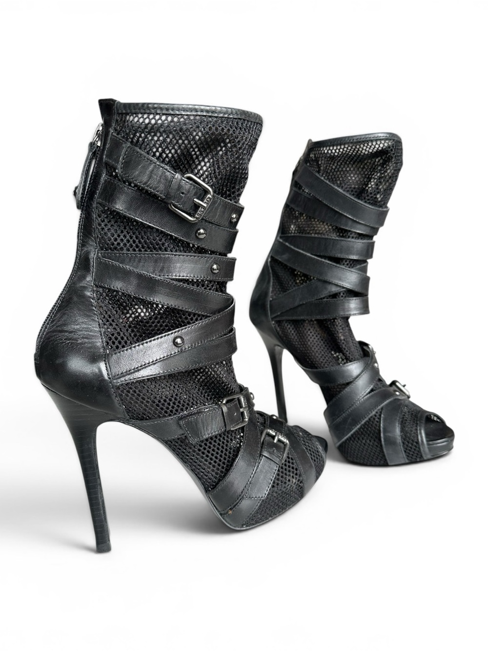 Guess Black Straps Mesh High-Heel Boots 7M - Picture 3 of 4